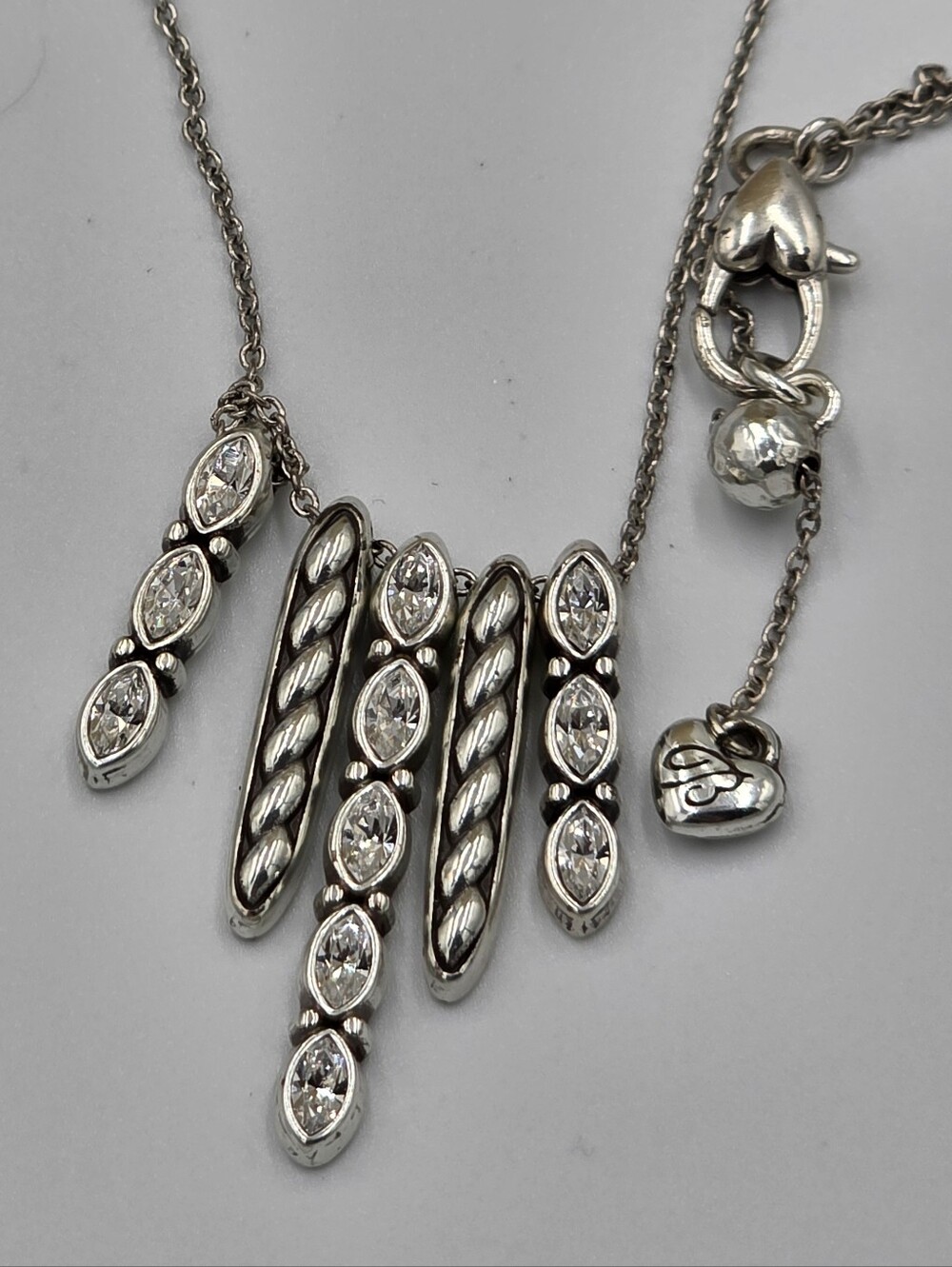 Brighton Silver Tone Marquise Crystal Fringe Statement Necklace Heart Charm